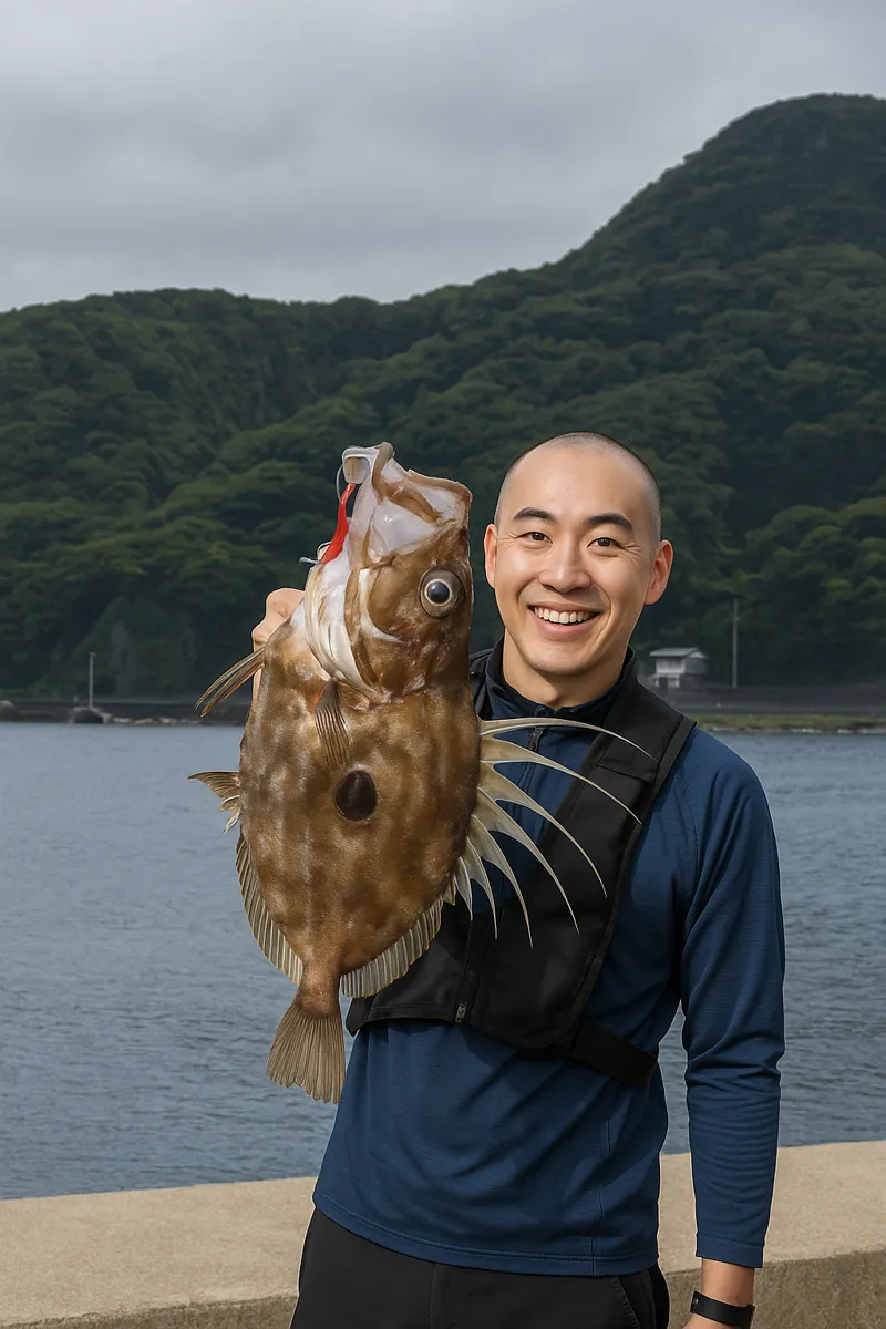 下須島でマトウダイの釣果を得たがんだま君.webp