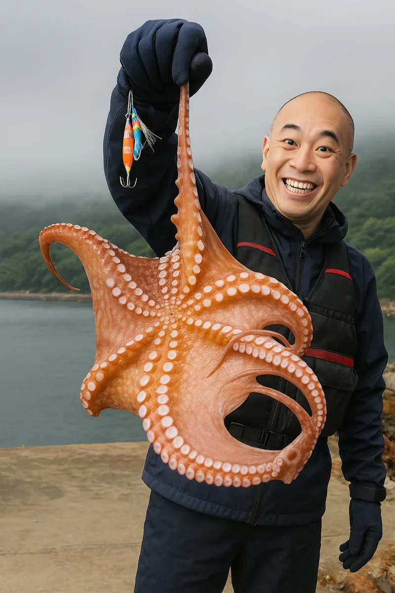 中ノ島漁港でタコの釣果を得たがんだま君.webp