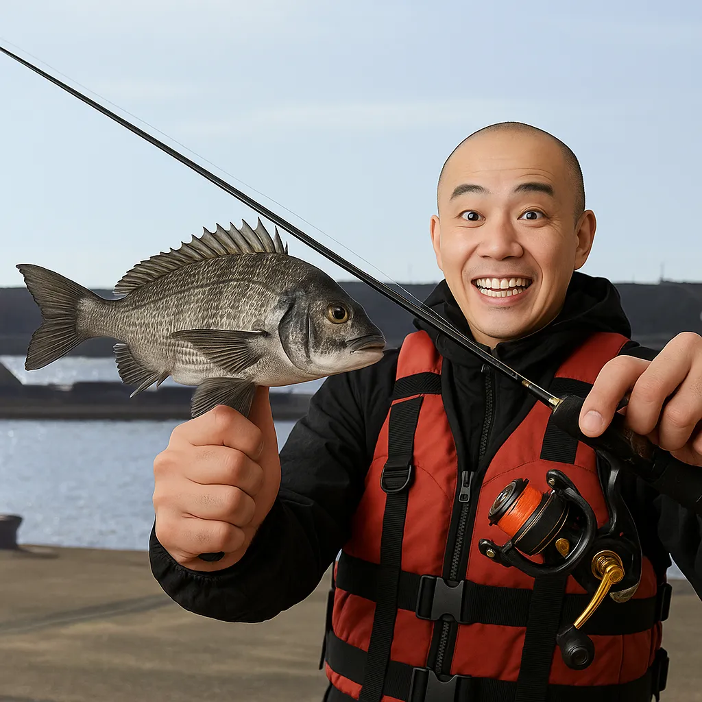 中林漁港でチヌの釣果を得たがんだま君.webp