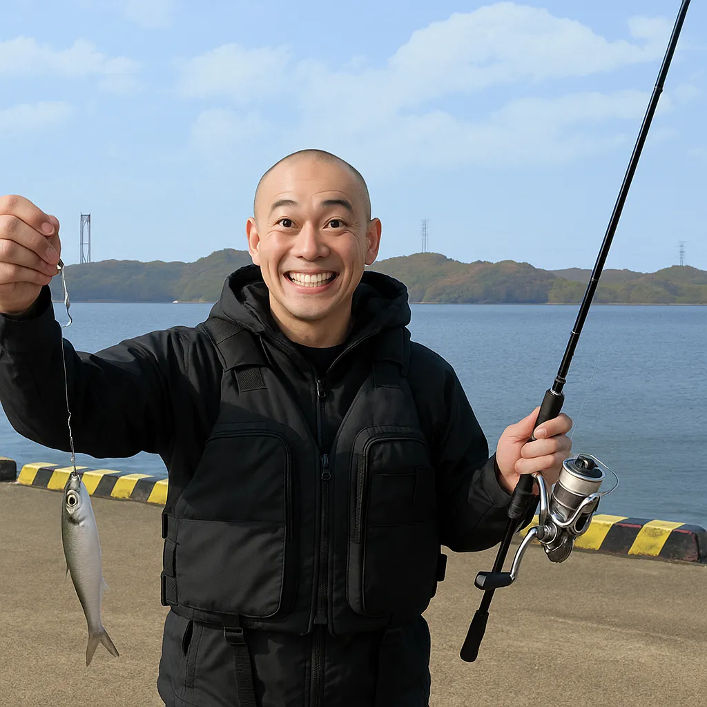 中浦緑地公園でイワシの釣果を得た国生.webp