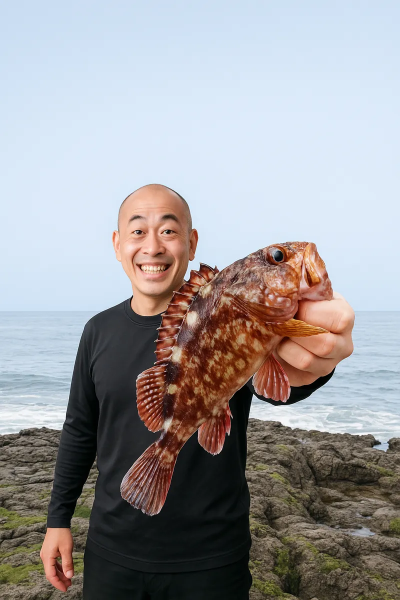 串木野漁港でアラカブの釣果を得たがんだま君.webp