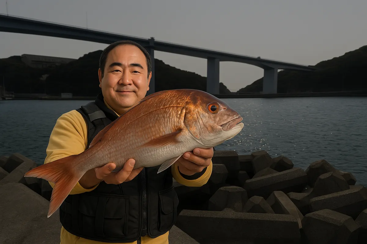 亀浦漁港でマダイの釣果を得た持田.webp