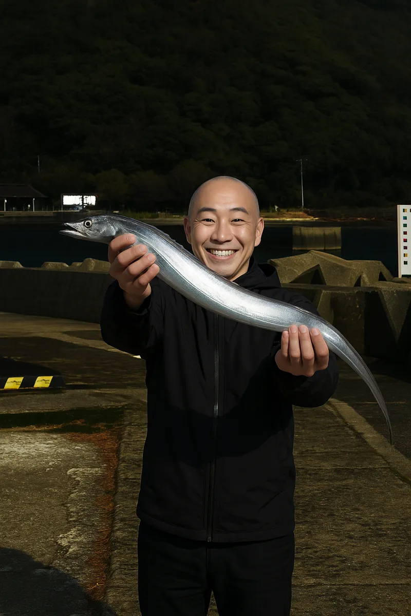 二間戸港でタチウオの釣果を得たがんだま君.webp
