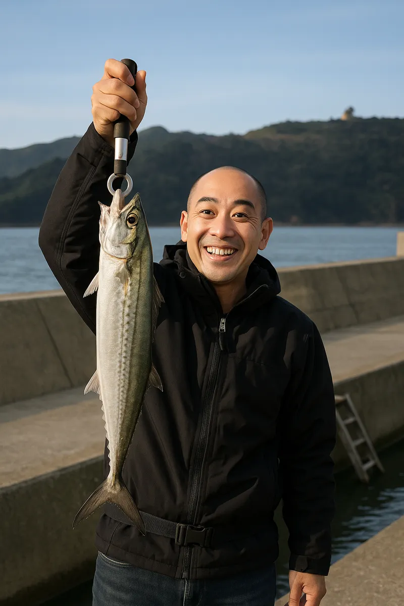 京泊漁港でサゴシの釣果を得たがんだま君.webp
