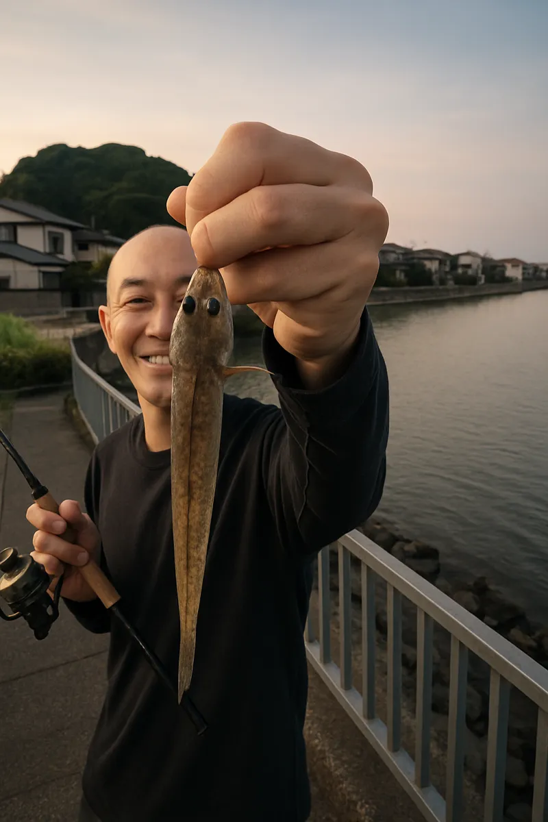 今津干潟でハゼの釣果を得たがんだま君.webp