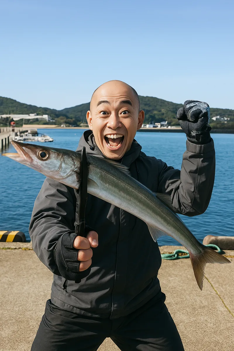 今福漁港でカマスの釣果を得たがんだま君.webp