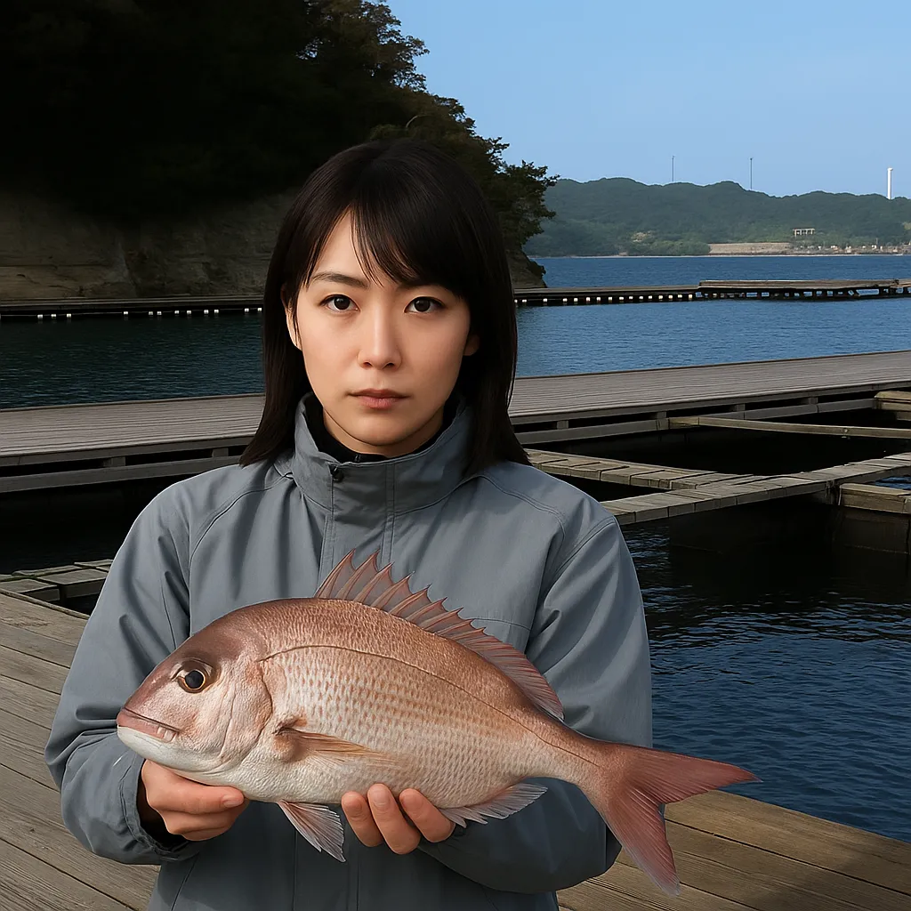 仮屋湾遊漁センターでマダイの釣果を得た女性.webp