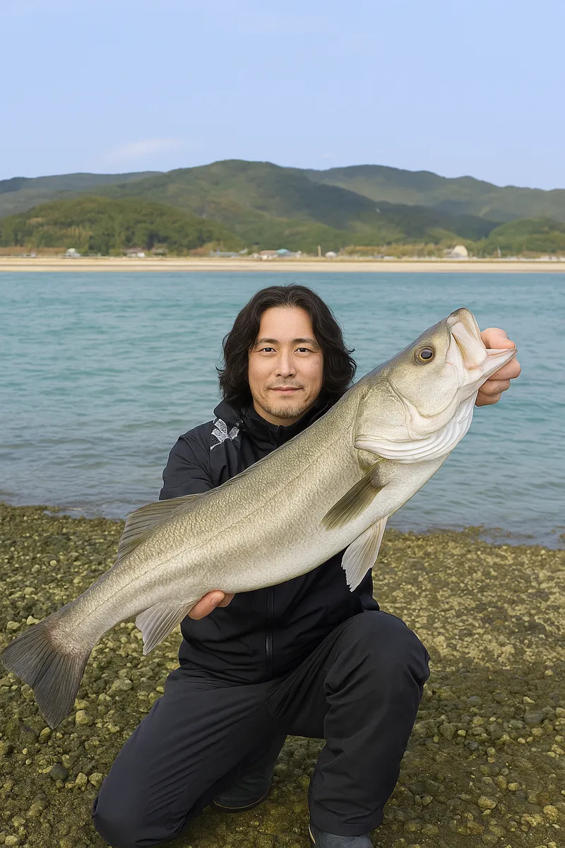 伊万里川河口でシーバスの釣果を得た岸本.webp