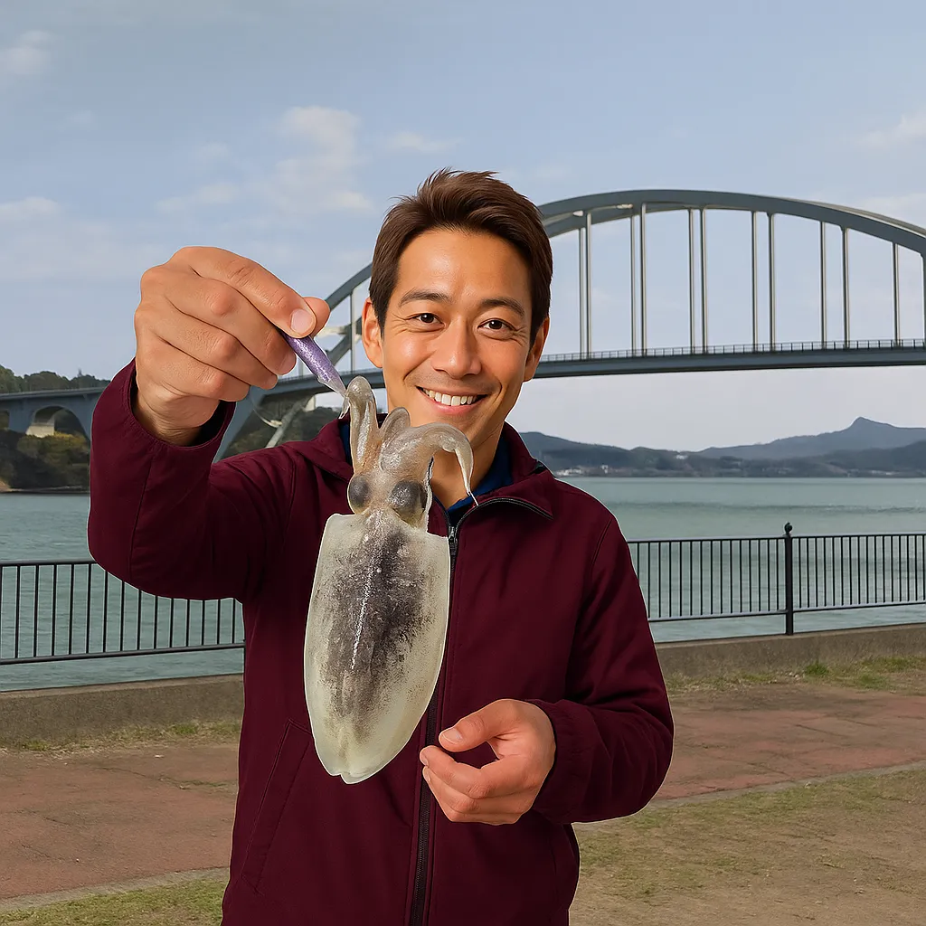 伊万里湾大橋下でコウイカの釣果を得た亀岡.webp