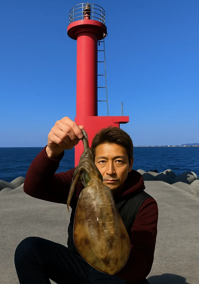 伊予港でアオリイカの釣果を得た亀岡.webp