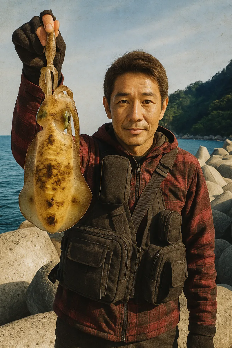児ヶ水漁港でアオリイカの釣果を得た亀岡.webp