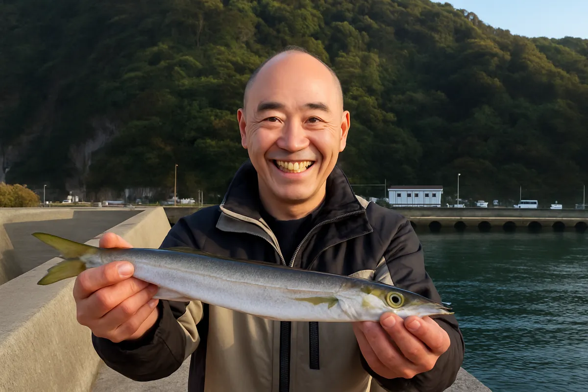 児ヶ水漁港でカマスの釣果を得たがんだま君.webp