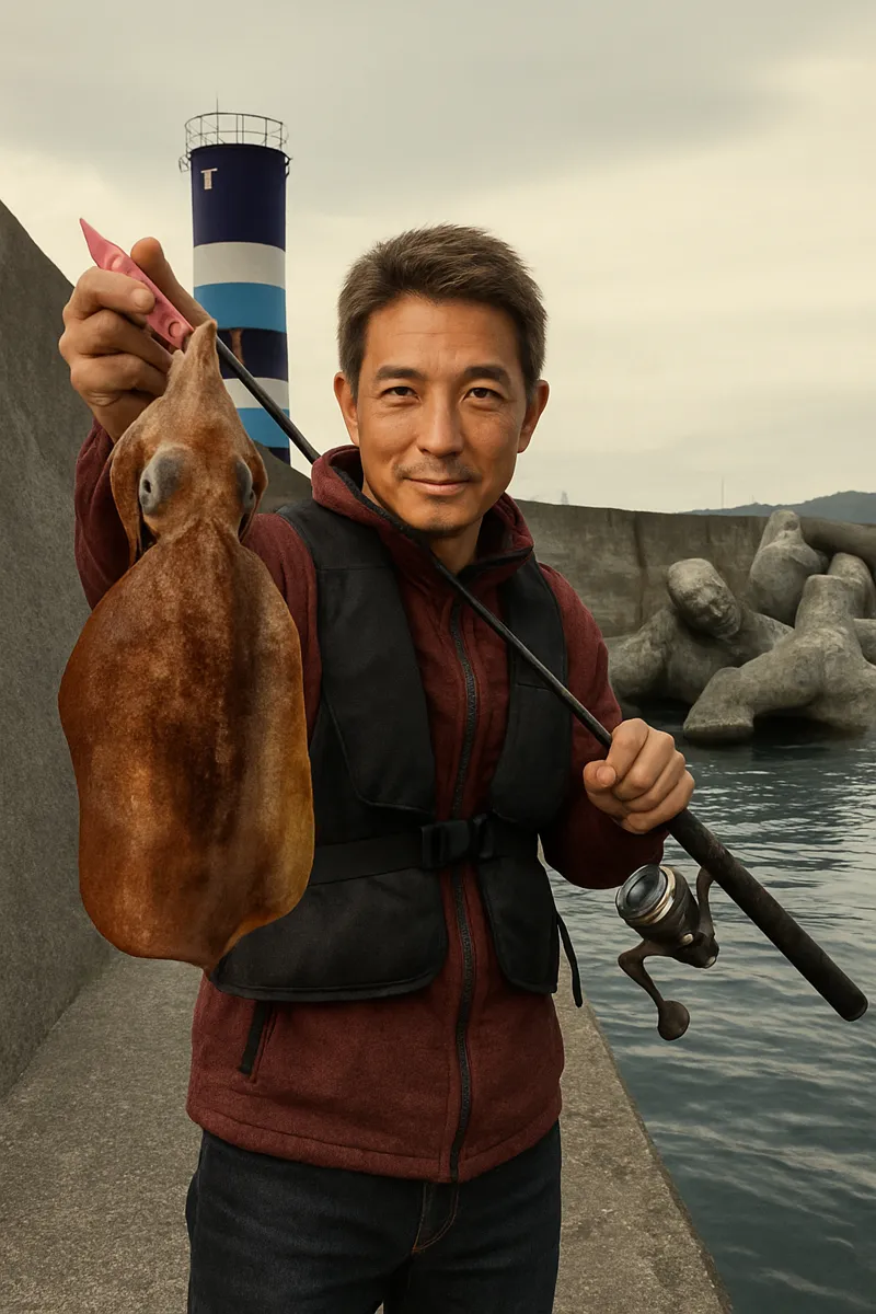 入野漁港でアオリイカの釣果を得た亀岡.webp