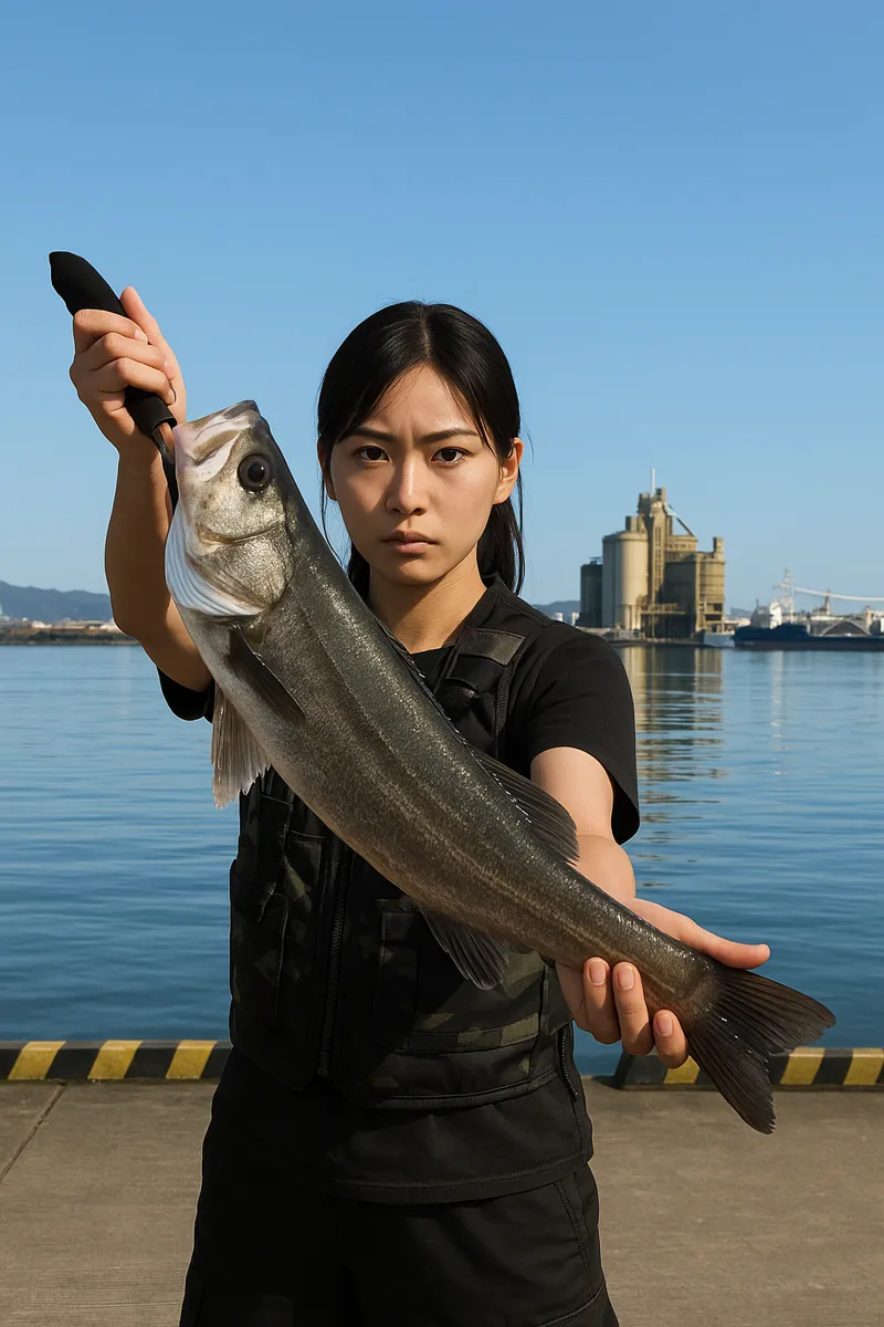 八代内港でシーバスの釣果を得た女性.webp