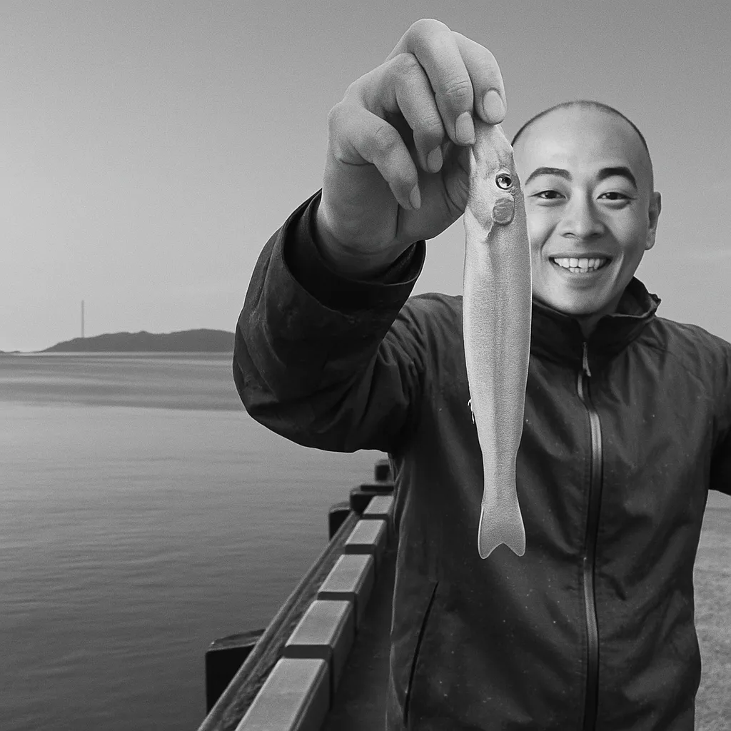 八代外港でシロギスの釣果を得たがんだま君.webp