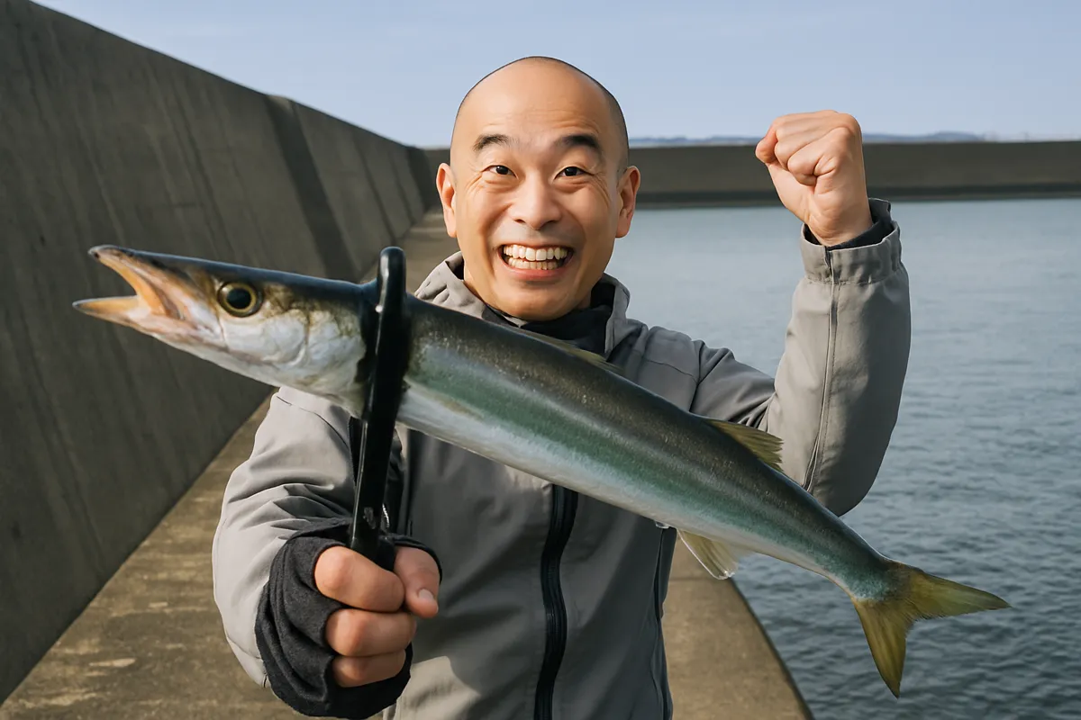 加唐島でカマスの釣果を得たがんだま君.webp