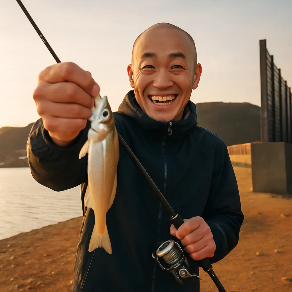 加布里漁港でシロギスの釣果を得たがんだま君.webp