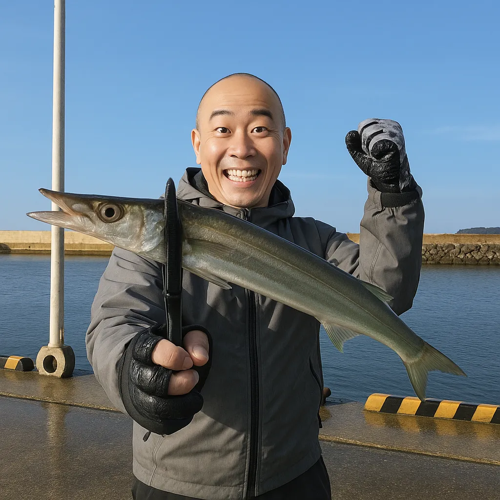 加部島でカマスの釣果を得たがんだま君.webp