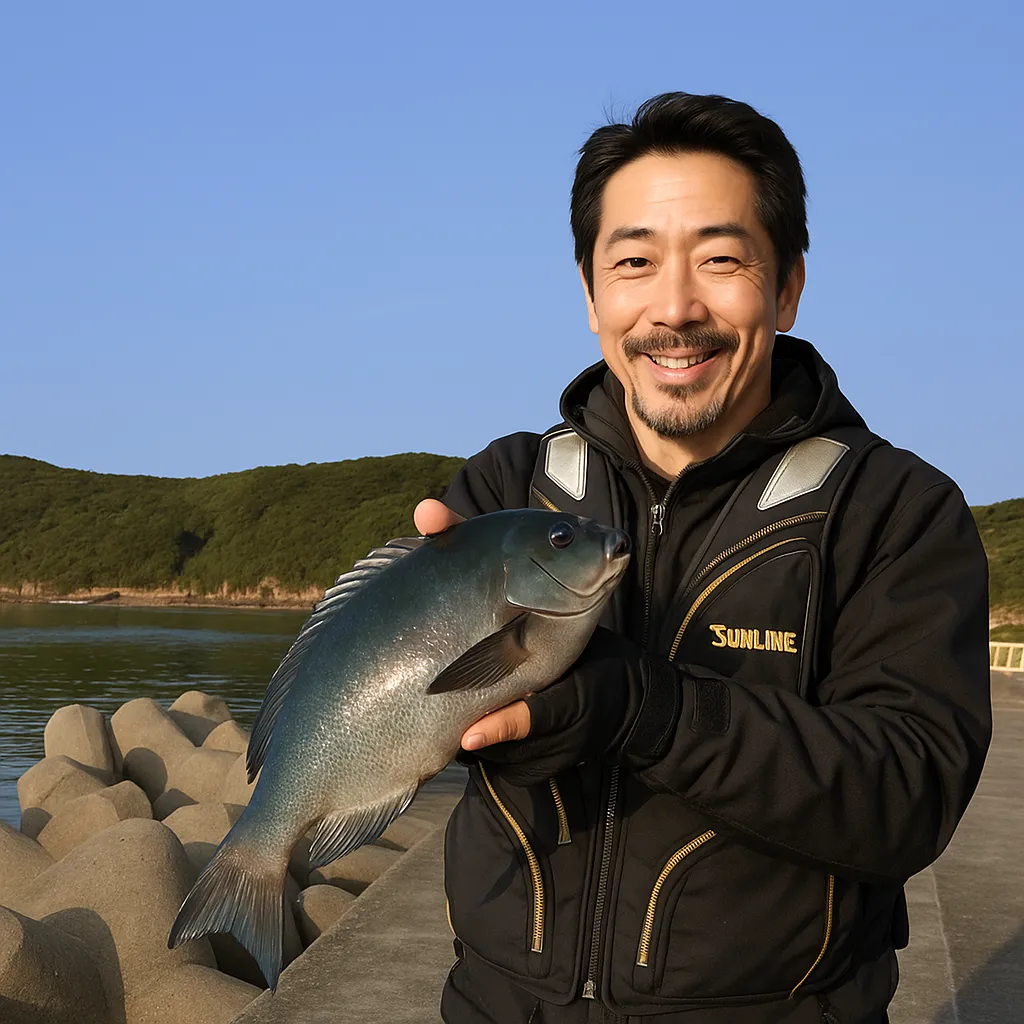 北泊漁港でグレの釣果を得た佐々木.webp