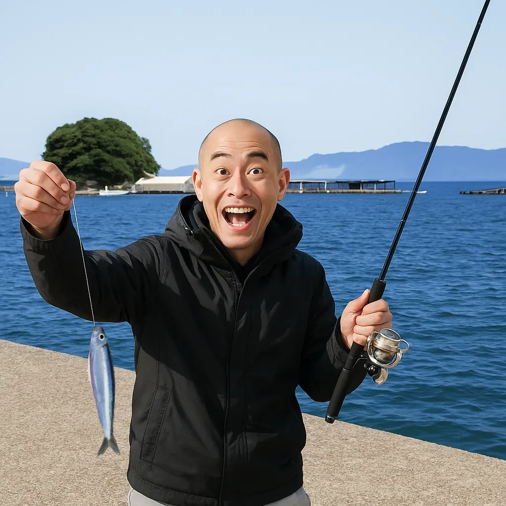 合串漁港でイワシの釣果を得たがんだま君.webp