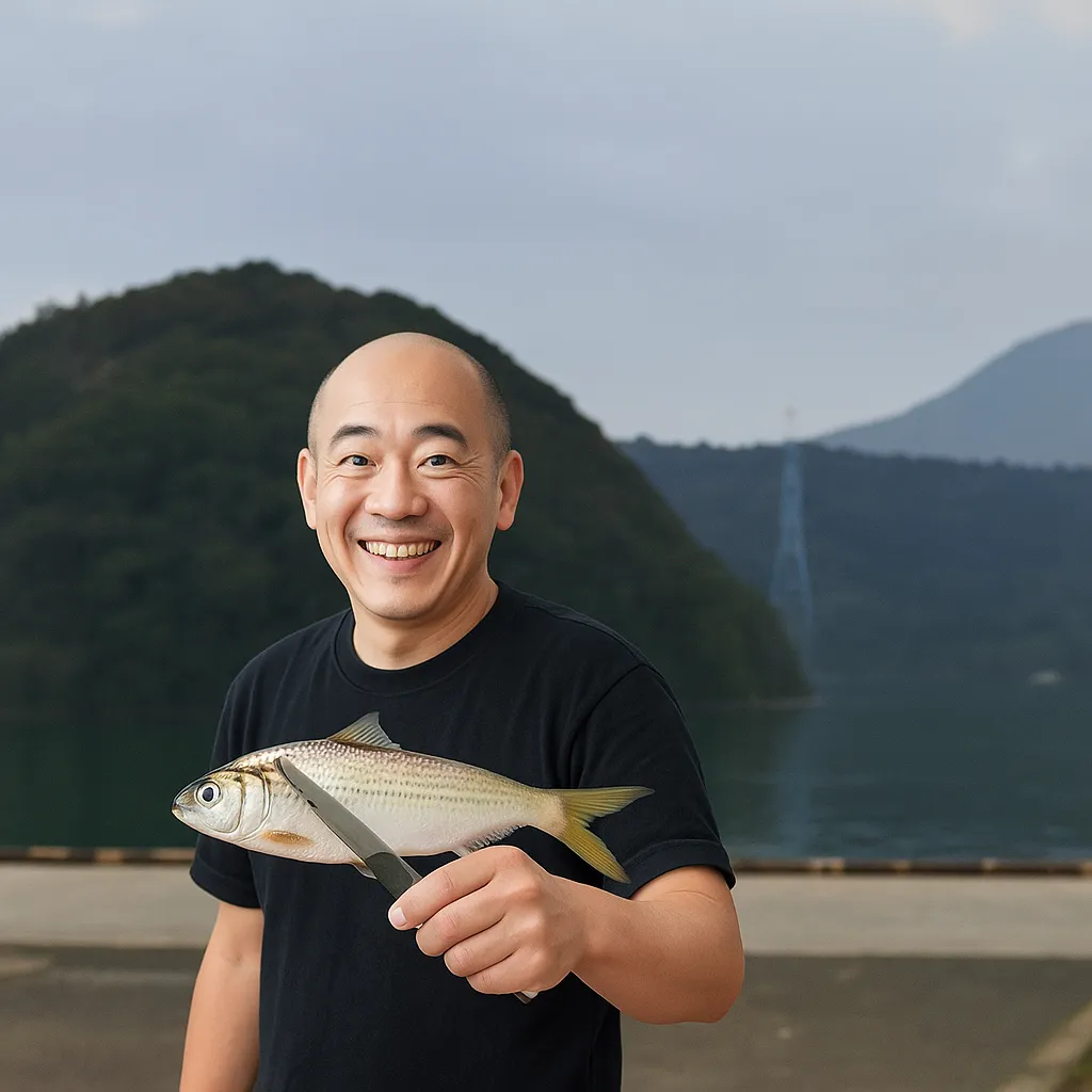 名村造船所前岸壁でコノシロの釣果を得たがんだま君.webp