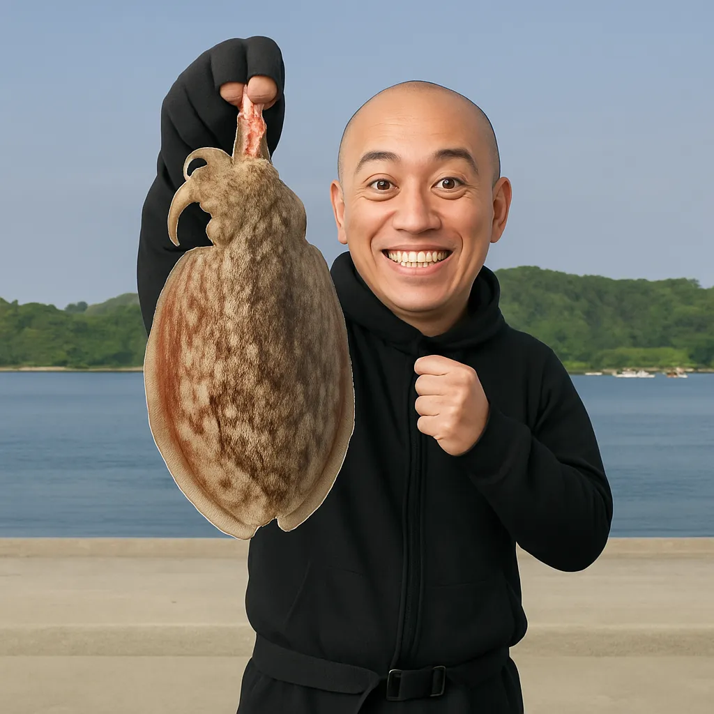 名護屋漁港でコウイカの釣果を得たがんだま君.webp