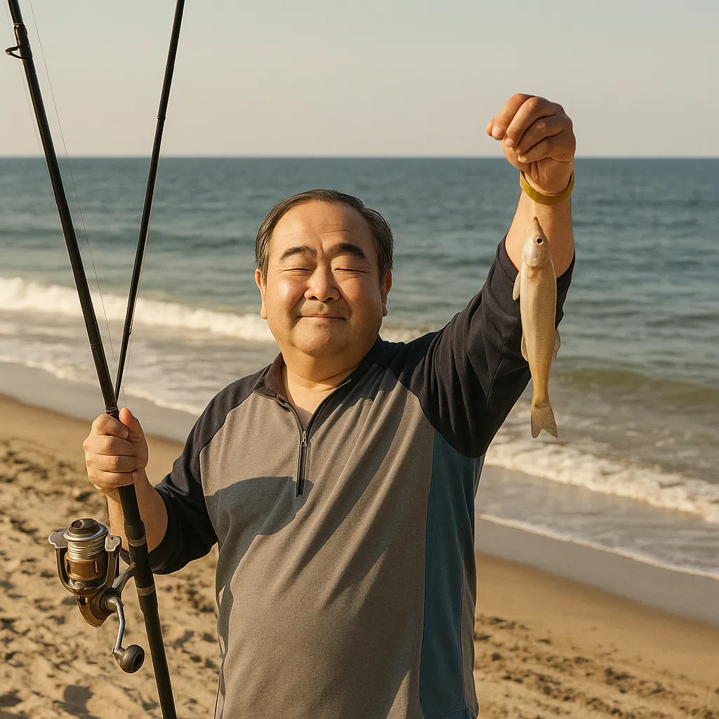 吹上浜で投げ釣りの釣果を得た持田.webp