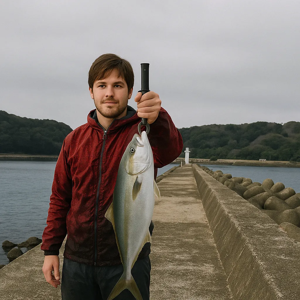 呼子ロッジ下で青物の釣果を得た男性.webp