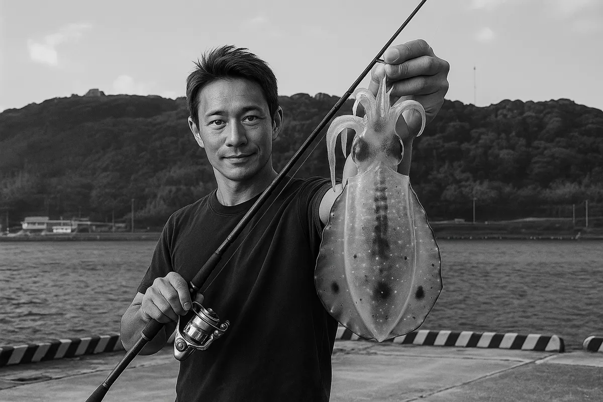 呼子港でエギングの釣果を得た亀岡.webp