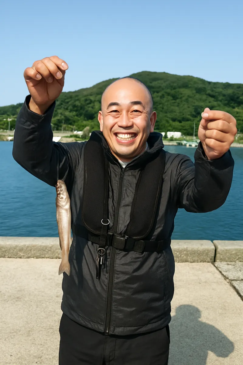 唐房漁港でシロギスの釣果を得たがんだま君.webp