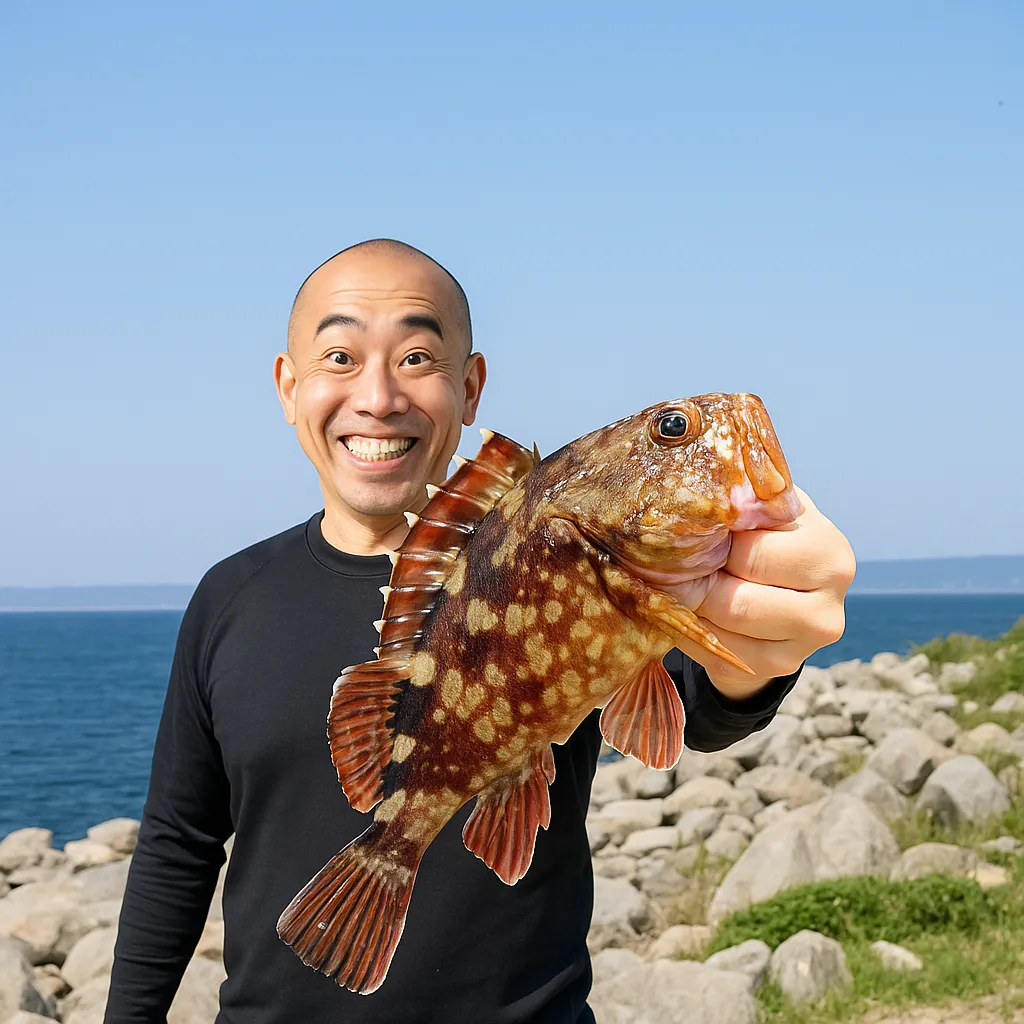 国崎半島.でアラカブの釣果を得たがんだま君.webp