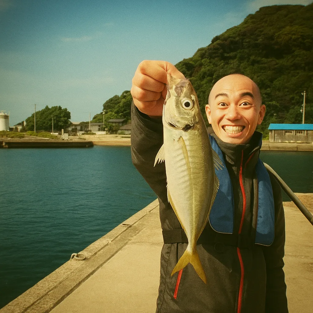 地島でアジの釣果を得たがんだま君.webp