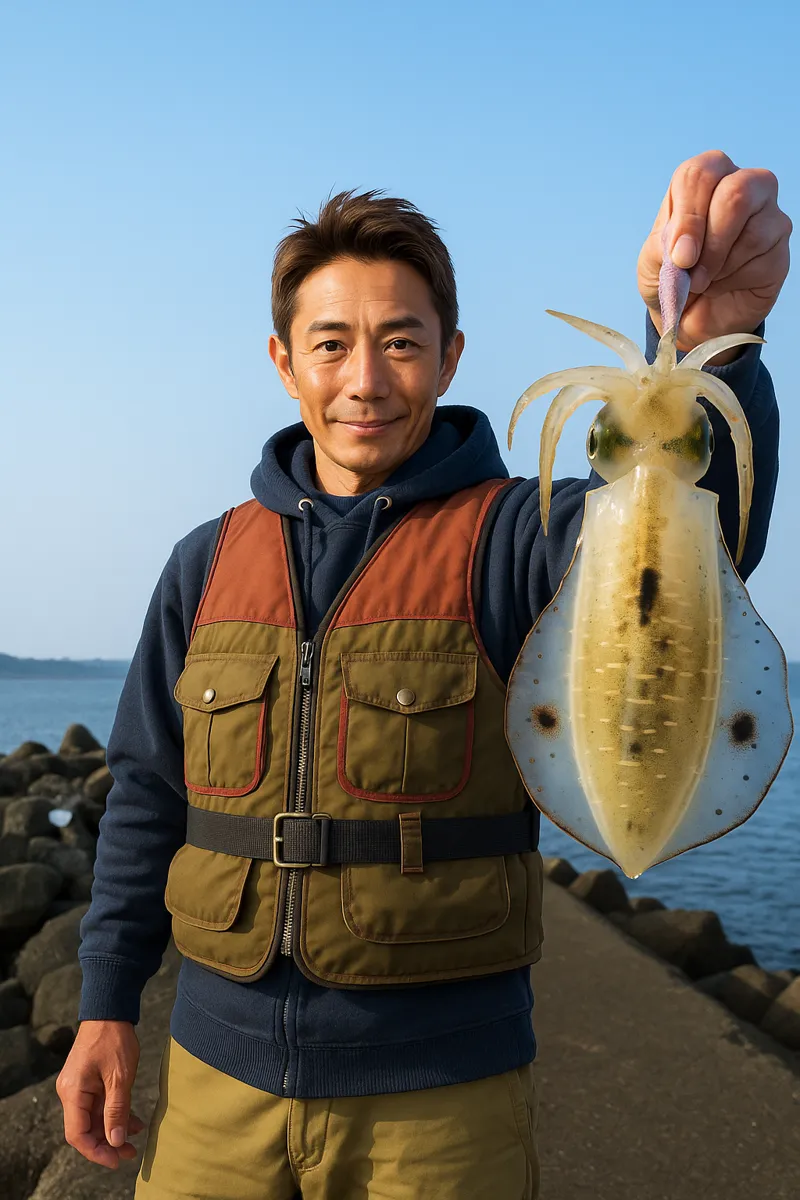坂田の波止でアオリイカの釣果を得た亀岡.webp