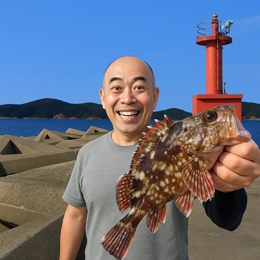 壱岐島でアラカブの釣果を得たがんだま君.webp
