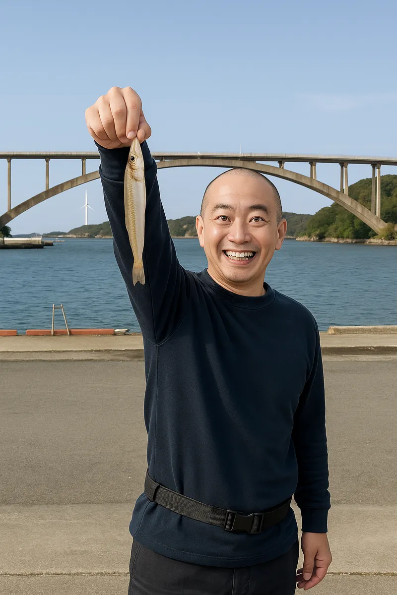 外津漁港でシロギスの釣果を得たがんだま君.webp