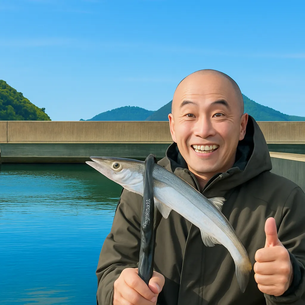 大当港でカマスの釣果を得たがんだま君.webp
