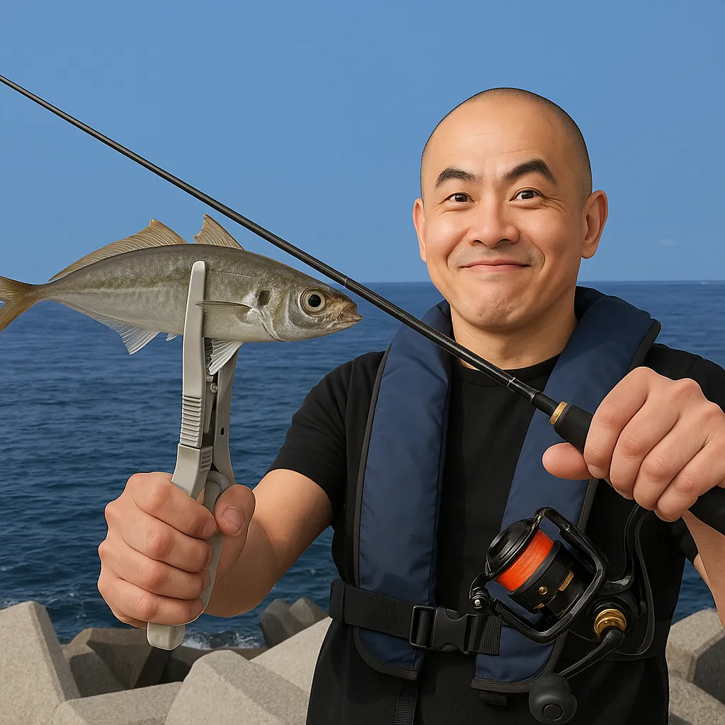 大浦漁港でアジの釣果を得たがんだま君.webp
