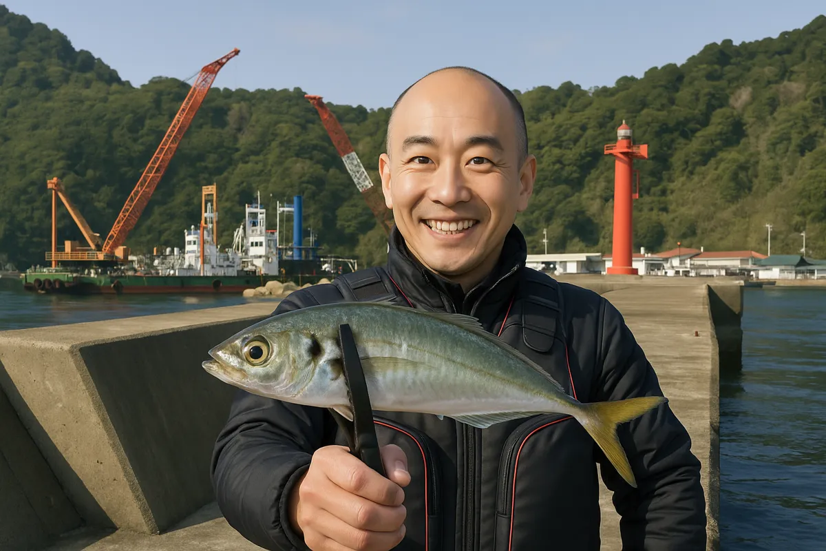 大道港でアジの釣果を得たがんだま君.webp
