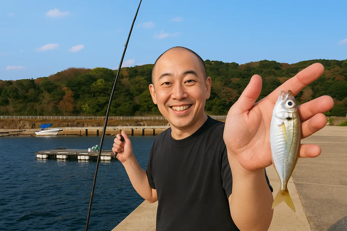 太田尾漁港でアジの釣果を得たがんだま君.webp