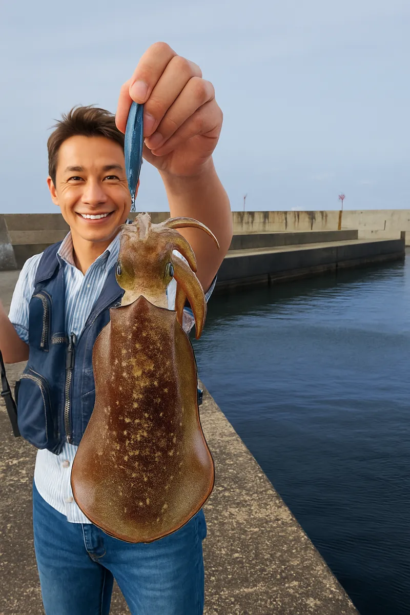 奈多漁港でアオリイカの釣果を得た亀岡.webp