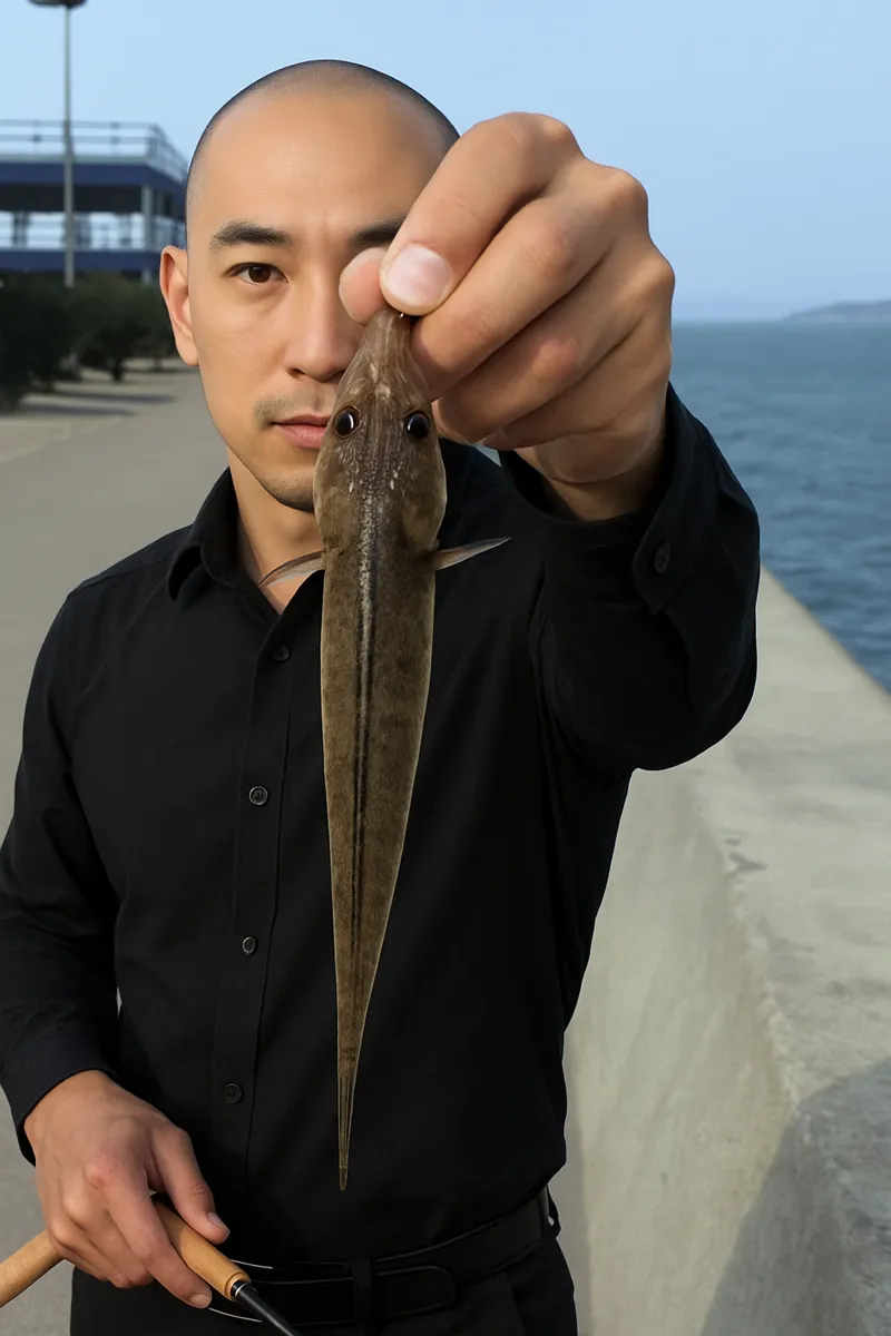 姪浜漁港でハゼの釣果を得たがんだま君.webp