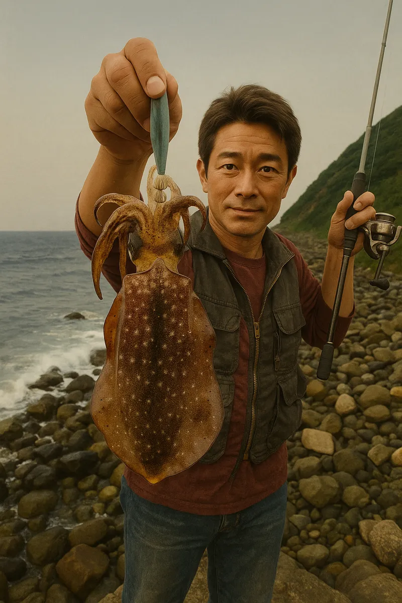 姫島でアオリイカの釣果を得た亀岡.webp