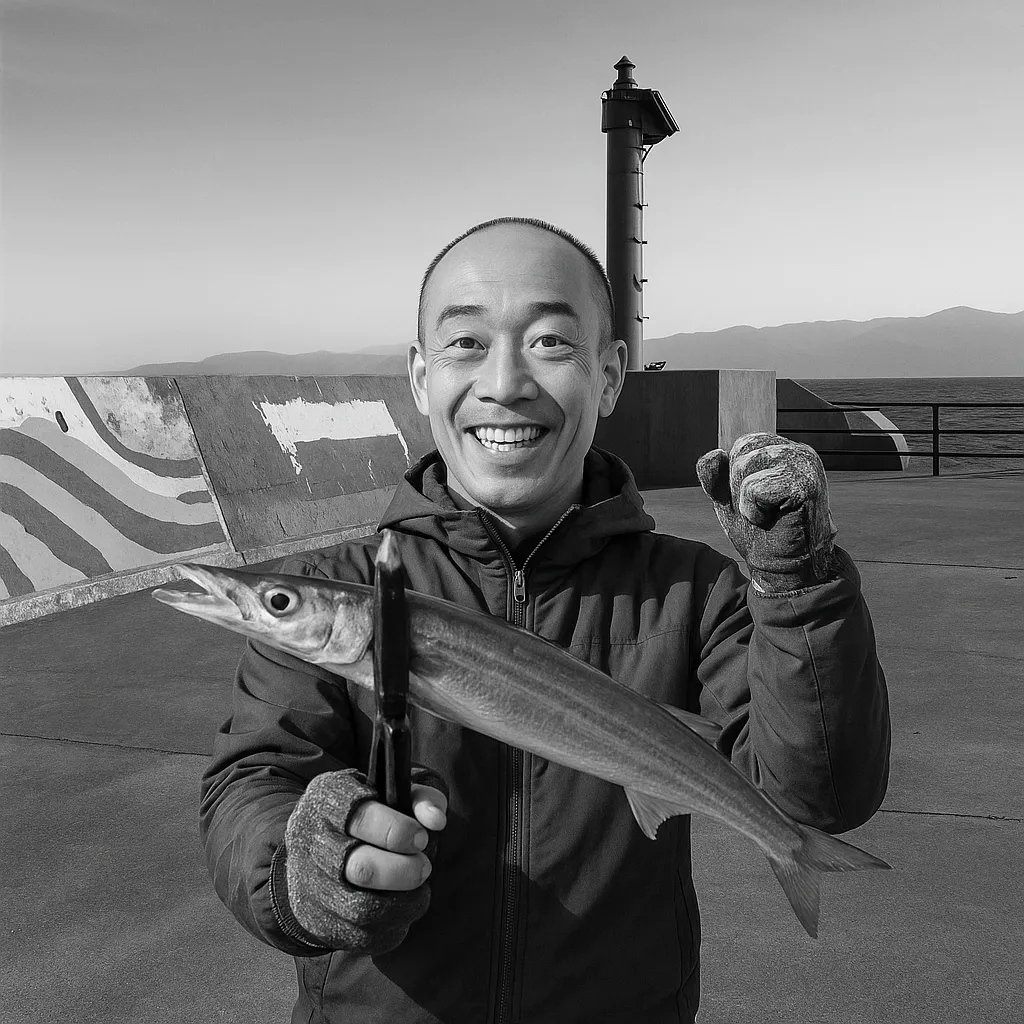 姫島でカマスの釣果を得たがんだま君.webp