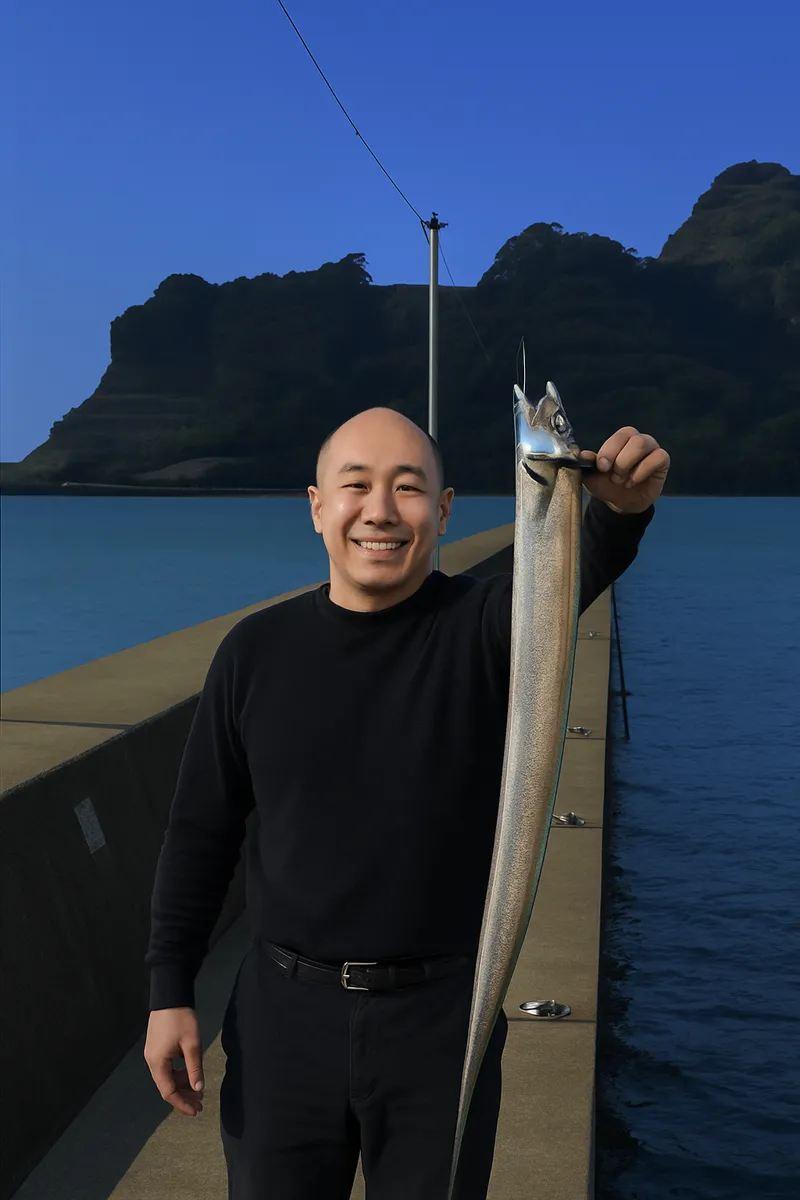 姫戸港でタチウオの釣果を得たがんだま君.webp