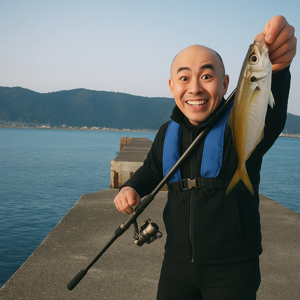 宇佐一文字でアジの釣果を得たがんだま君.webp