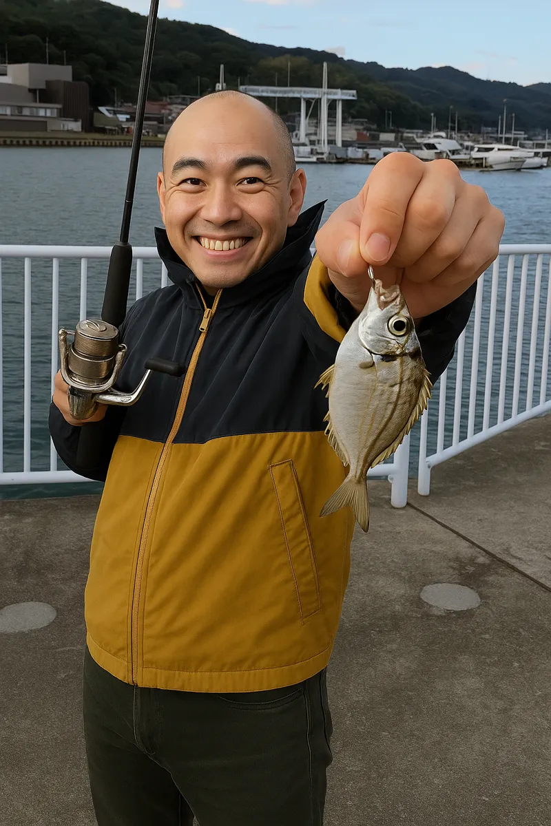 宇土マリーナ.でヒイラギの釣果を得たがんだま君.webp