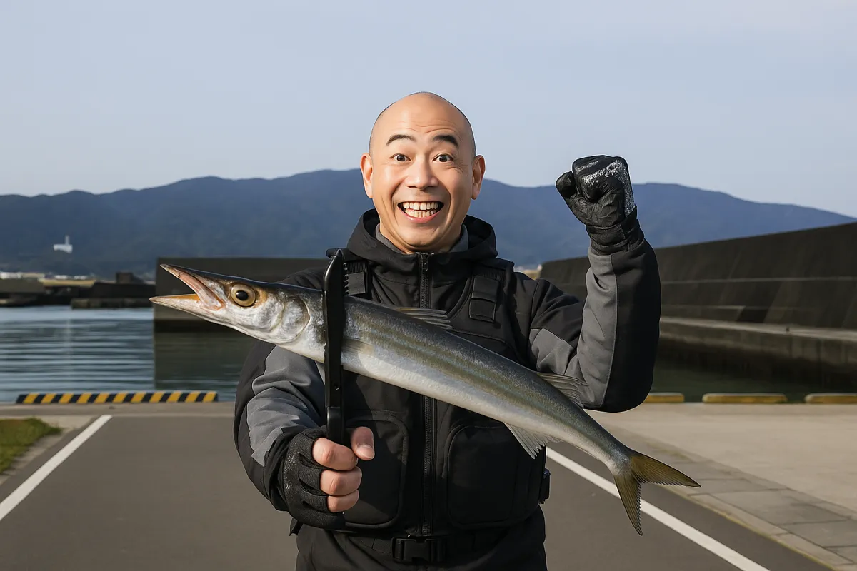安芸漁港でカマスの釣果を得たがんだま君.webp