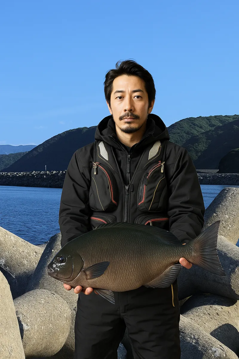室戸岬漁港でグレの釣果を得た佐々木.webp