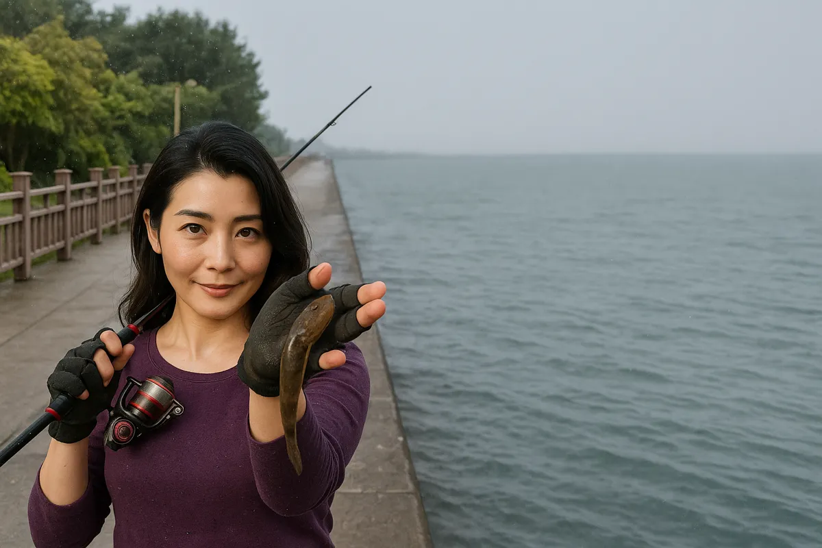 室見川河口でハゼの釣果を得た八重田.webp