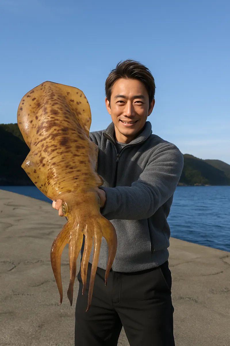 宮ノ浦漁港でアオリイカの釣果を得た亀岡.webp